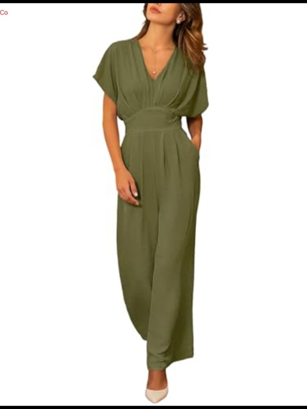 CUPSHE Women Batwing Sleeve Tie Back V Neck Wide Leg Jumpsuit with Pockets